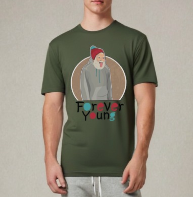 Веселый старик Forever Young с яркой шапкой, Футболка мужская REGULAR темный хаки