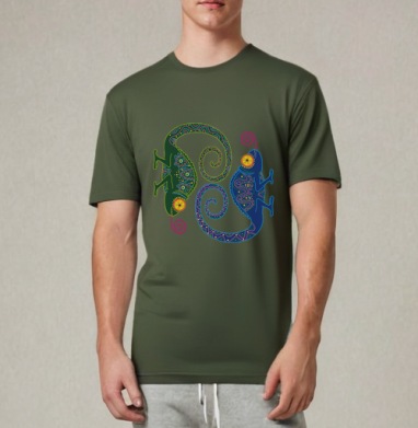 Chameleon Harmony / Хамелеоны и трансформация вечного цикла в зеркальном танце, Футболка мужская REGULAR темный хаки