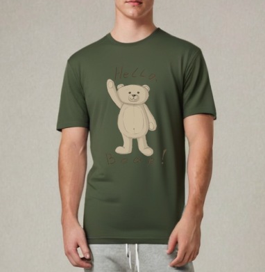 Нежный винтажный эскиз плюшевого мишки с надписью Hello Bear Привет Мишка Друг, Футболка мужская REGULAR темный хаки