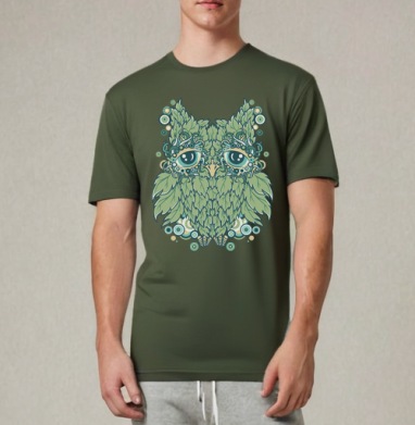 Декоративная симметричная растительная композиция зеленая мудрая сова, Футболка мужская REGULAR темный хаки