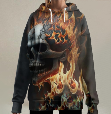 Череп в огне символ разрушения и очищения, Hoodie Long Oversize 3D