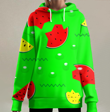 Яркие ломтики арбуза и дыни на зеленом фоне свежесть лета, Hoodie Long Oversize 3D