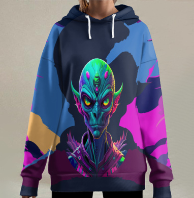Монстр Зеленый в центре на фоне силуэта, Hoodie Long Oversize 3D