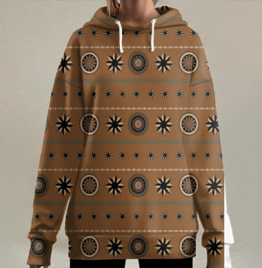 Этнический орнамент с солнцами и звёздами на коричневом фоне, Hoodie Long Oversize 3D