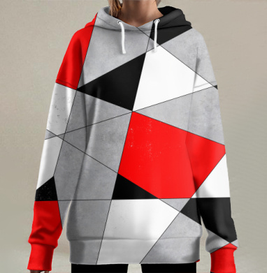 Динамичные геометрические фигуры красный черный белый, Hoodie Long Oversize 3D