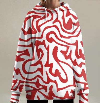 Абстрактные красные линии динамика движения диалог, Hoodie Long Oversize 3D