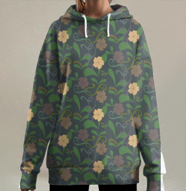 Цветочный узор с листьями и цветами на тёмном фоне, Hoodie Long Oversize 3D