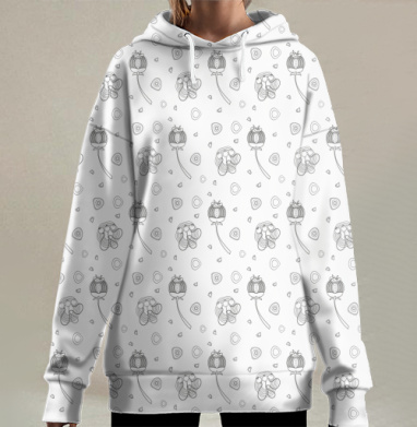 Серые маки на однотонном фоне с монохромной композицией, Hoodie Long Oversize 3D