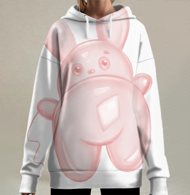 Милый розовый зайчик в форме воздушного шарика в движении, Hoodie Long Oversize 3D