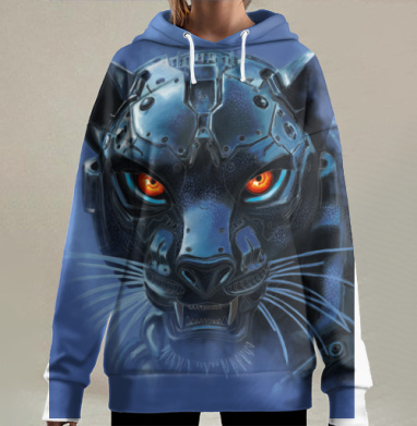 Механический тигр с огненными глазами внушает мощь и силу, Hoodie Long Oversize 3D