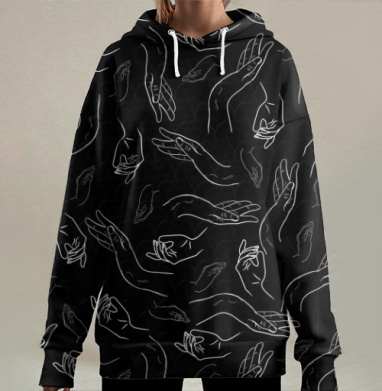 Белые Призрачные Руки На Чёрном Фоне, Hoodie Long Oversize 3D