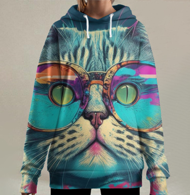 Кот в очках ярких цветах для детей и взрослых, Hoodie Long Oversize 3D