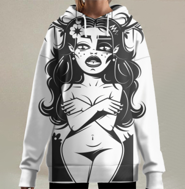 Мистическая девушка с рогами арт-постер черно-белый, Hoodie Long Oversize 3D