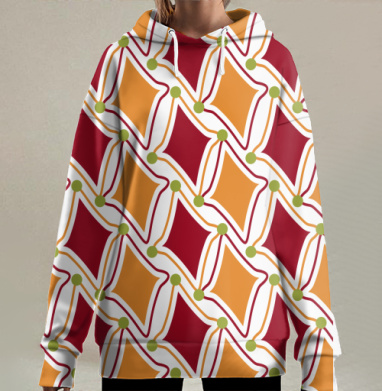 Яркий геометрический узор с ромбами и кругами, Hoodie Long Oversize 3D