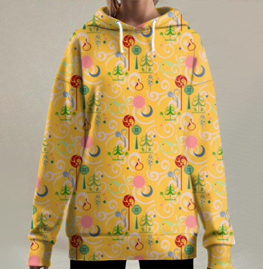 Яркий этно-узор на желтом фоне, Hoodie Long Oversize 3D