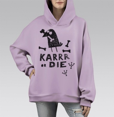 Агрессивная птица с костями и лозунгом КАРРРР ИЛИ УМРИ, Hoodie Mono Fiolet, оверсайз, утепленная