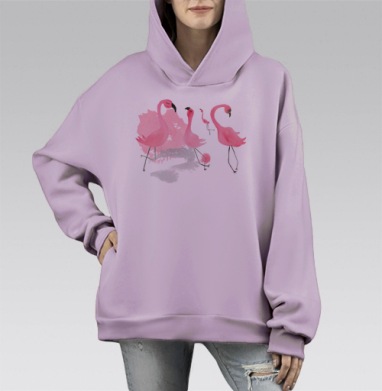 Акварельные розовые фламинго в динамике и грации, Hoodie Mono Fiolet, оверсайз, утепленная