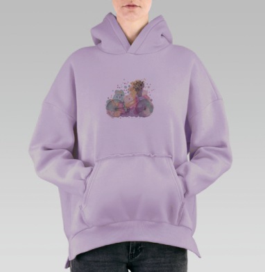 Акварельная иллюстрация велосипеда с цветами, Hoodie Oversize Fiolet, утепленная