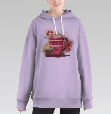 Зимний уют с горячим напитком и кексом, Hoodie Long Oversize Fiolet