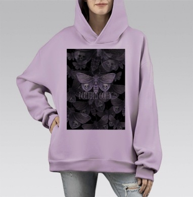 Готические мотыльки с черепами в темных тонах, Hoodie Mono Fiolet, оверсайз, утепленная