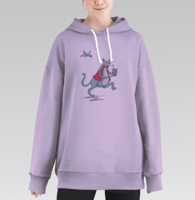 Веселая иллюстрация кота с молоком и птицей в погоне, Hoodie Long Oversize Fiolet