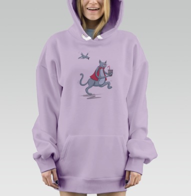 Веселая иллюстрация кота с молоком и птицей в погоне, Hoodie Mjhigh Dig Mel, Fiolet, утепленная