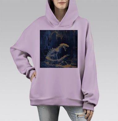 Белый дракон сидит среди древних руин величественного храма, Hoodie Mono Fiolet, оверсайз, утепленная
