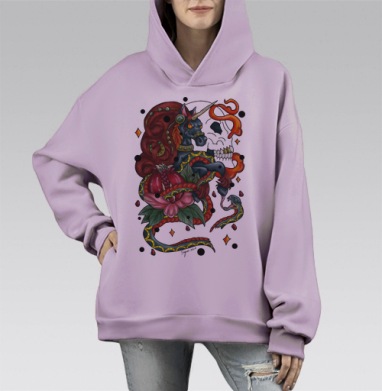 Тёмный единорог и змея в стиле неотрадишнл, Hoodie Mono Fiolet, оверсайз, утепленная