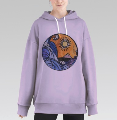 Восход Солнца над Фудзи и Бушующими Волнами, Hoodie Long Oversize Fiolet