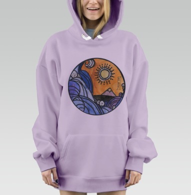 Восход Солнца над Фудзи и Бушующими Волнами, Hoodie Mjhigh Dig Mel, Fiolet, утепленная