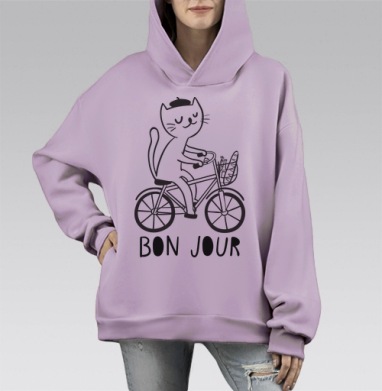 Кот-француз на велосипеде с багетом и береткой, Hoodie Mono Fiolet, оверсайз, утепленная