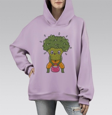 Весёлый брокколи с розовой гирей для фитнеса, Hoodie Mono Fiolet, оверсайз, утепленная