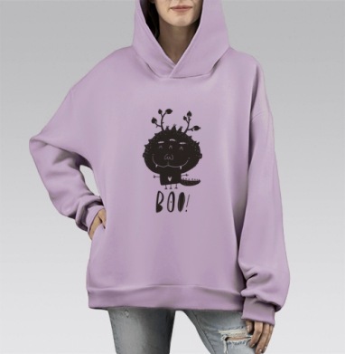 Милый черно-белый монстр с надписью BOO!, Hoodie Mono Fiolet, оверсайз, утепленная