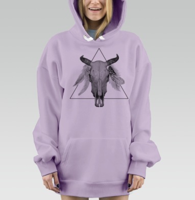 Стилизованный череп буйвола с перьями и треугольником, Hoodie Mjhigh Dig Mel, Fiolet, утепленная