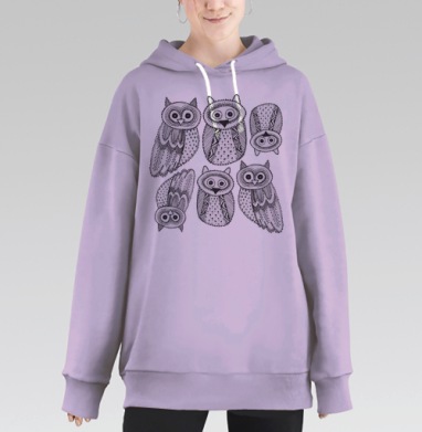 Черно-белые рисованые совы, Hoodie Long Oversize Fiolet
