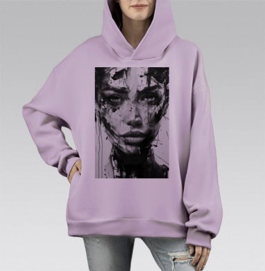 Черно белое лицо женщины в урбанистическом выражении, Hoodie Mono Fiolet, оверсайз, утепленная