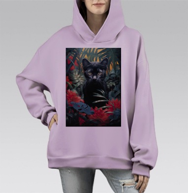 Чёрный кот в зелёных джунглях красных цветов, Hoodie Mono Fiolet, оверсайз, утепленная
