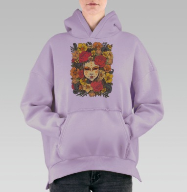 Цветочное лицо в венке из роз и желтых цветов, Hoodie Oversize Fiolet, утепленная