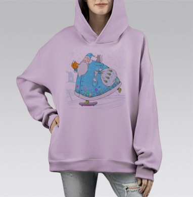 Дед Мороз на скейтборде – яркий новогодний арт, Hoodie Mono Fiolet, оверсайз, утепленная