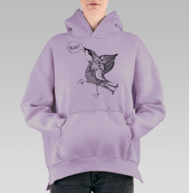 Декоративная черно белая птица в движении с орнаментами Кап Кап Кап, Hoodie Oversize Fiolet, утепленная