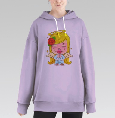 Милый мультяшный ангелочек с розой и крылышками, Hoodie Long Oversize Fiolet
