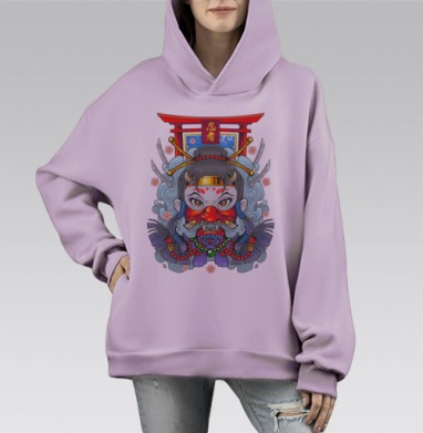 Мистический портрет девушки-ниндзя с маской Они, Hoodie Mono Fiolet, оверсайз, утепленная