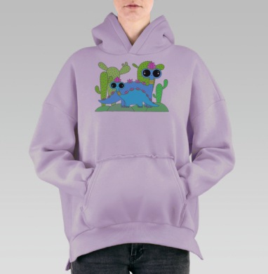 Нежные кавайные динозаврики с кактусами, Hoodie Oversize Fiolet, утепленная