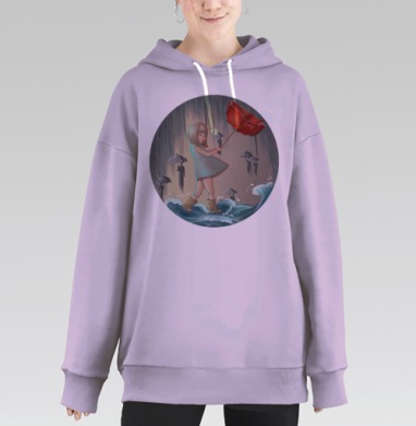 Девушка в бурю с ярким красным зонтом и жёлтыми сапогами, Hoodie Long Oversize Fiolet