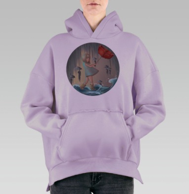 Девушка в бурю с ярким красным зонтом и жёлтыми сапогами, Hoodie Oversize Fiolet, утепленная
