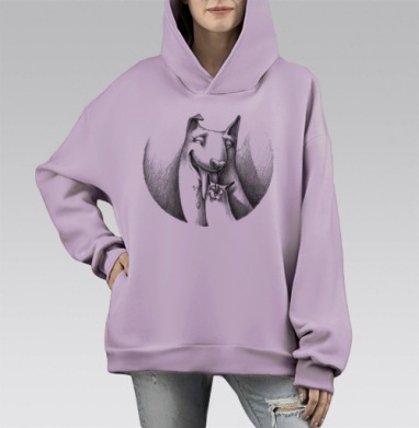 Дружба собаки и кота в карандашной иллюстрации, Hoodie Mono Fiolet, оверсайз, утепленная