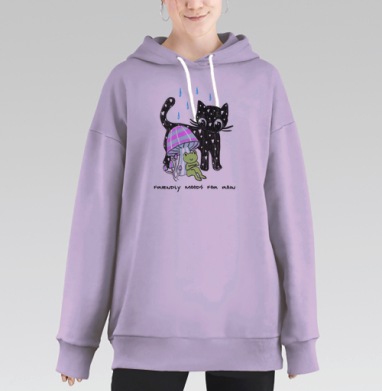 Дружелюбный кот и лягушка под грибом в дождь, Hoodie Long Oversize Fiolet