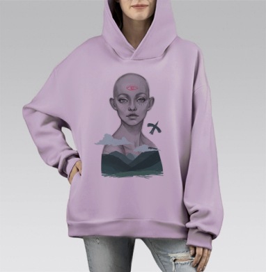 Мистический портрет с символом третьего глаза, Hoodie Mono Fiolet, оверсайз, утепленная