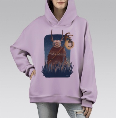 Мистический дух леса с фонарём и оленьими рогами, Hoodie Mono Fiolet, оверсайз, утепленная