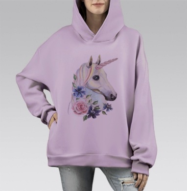 Нежный единорог с цветочной гривой, Hoodie Mono Fiolet, оверсайз, утепленная